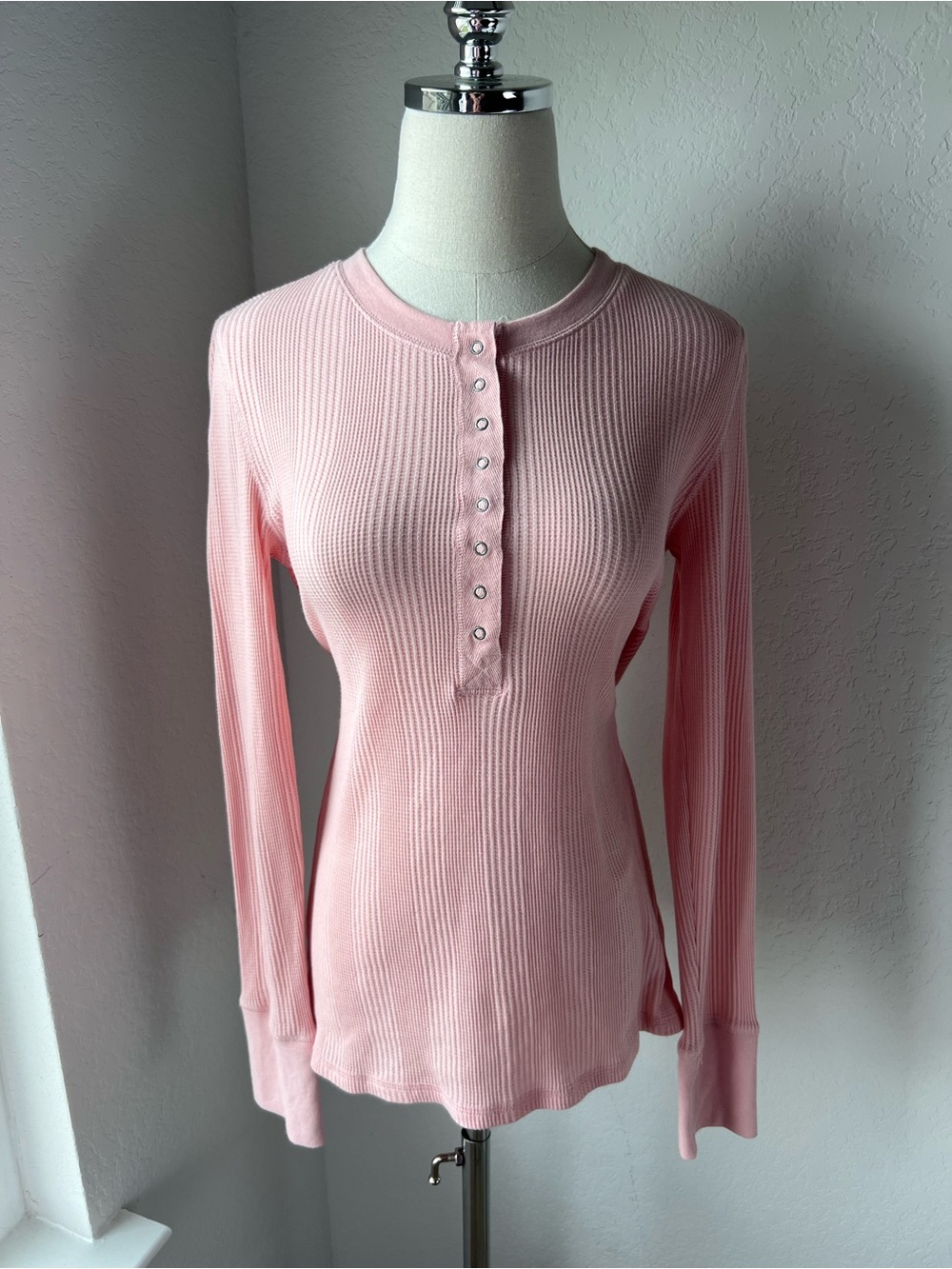 Aerie Pink Ribbed Henley Long Sleeve Top Medium